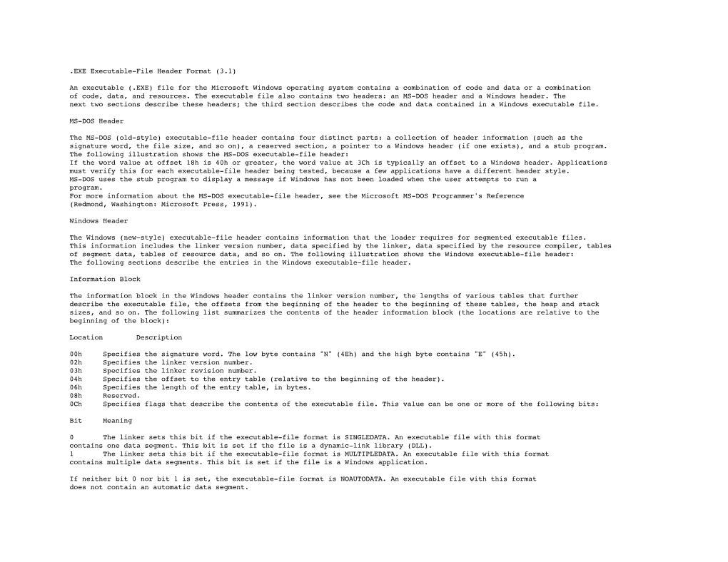 EXE Executable-File Header Format (3.1) an Executable (.EXE) File For