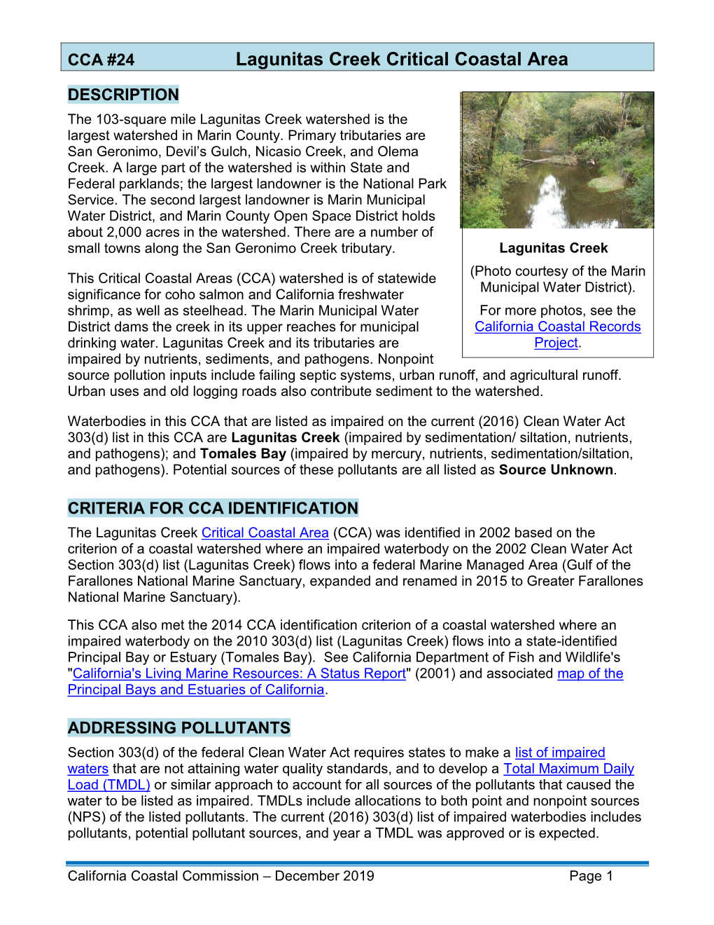Lagunitas Creek CCA Factsheet 2019
