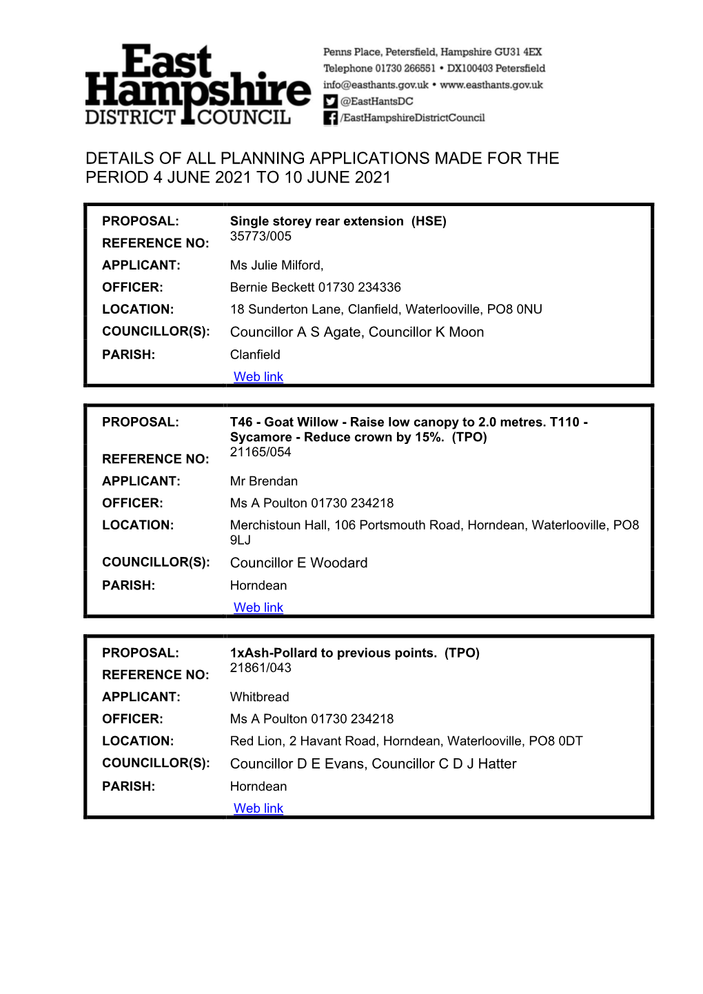 Details of All Planning Applications Made for the Period 4 June 2021 to 10 June 2021