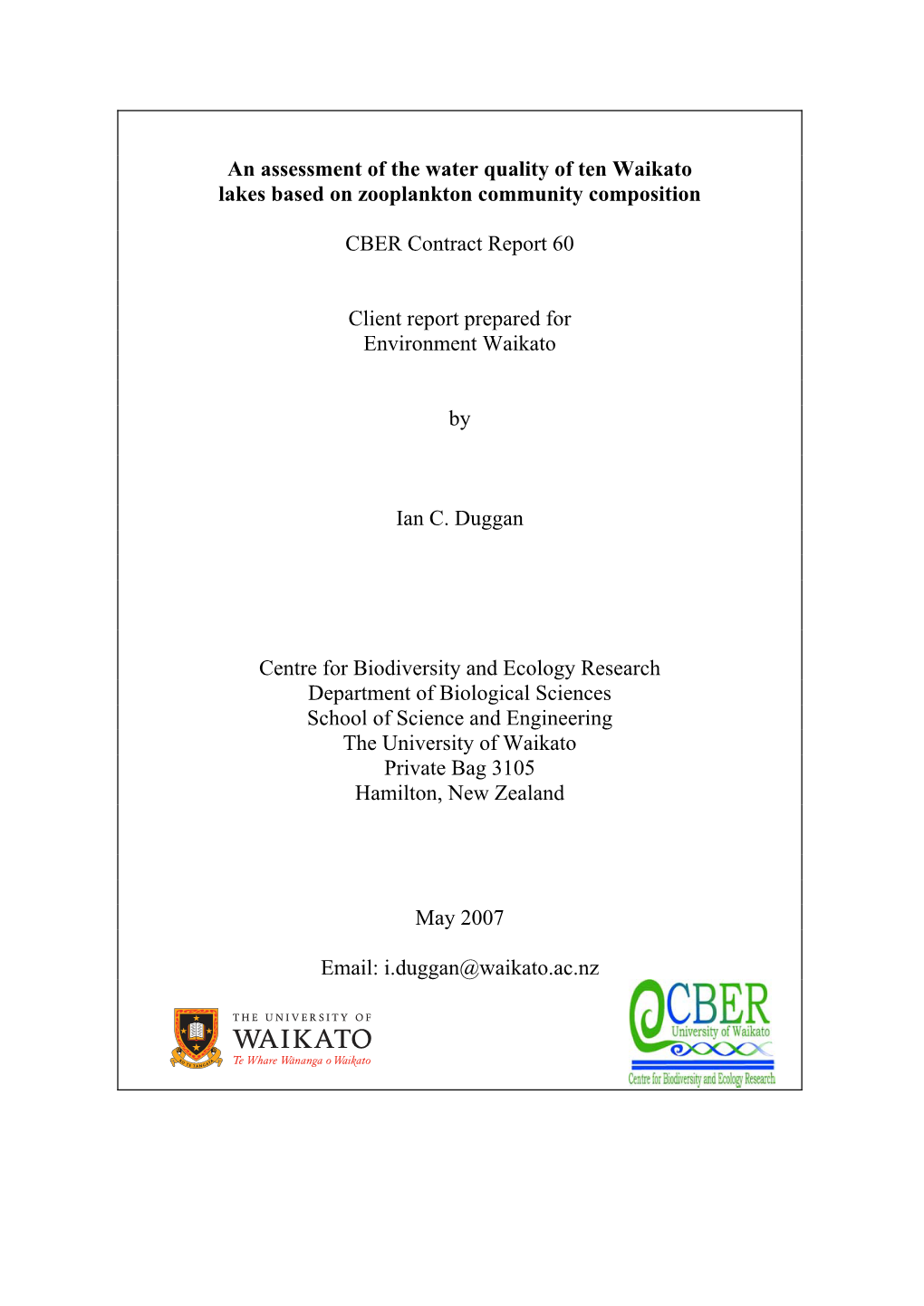 Assessment of the Water Quality of Ten Waikato Lakes Based on Zooplankton Community Composition