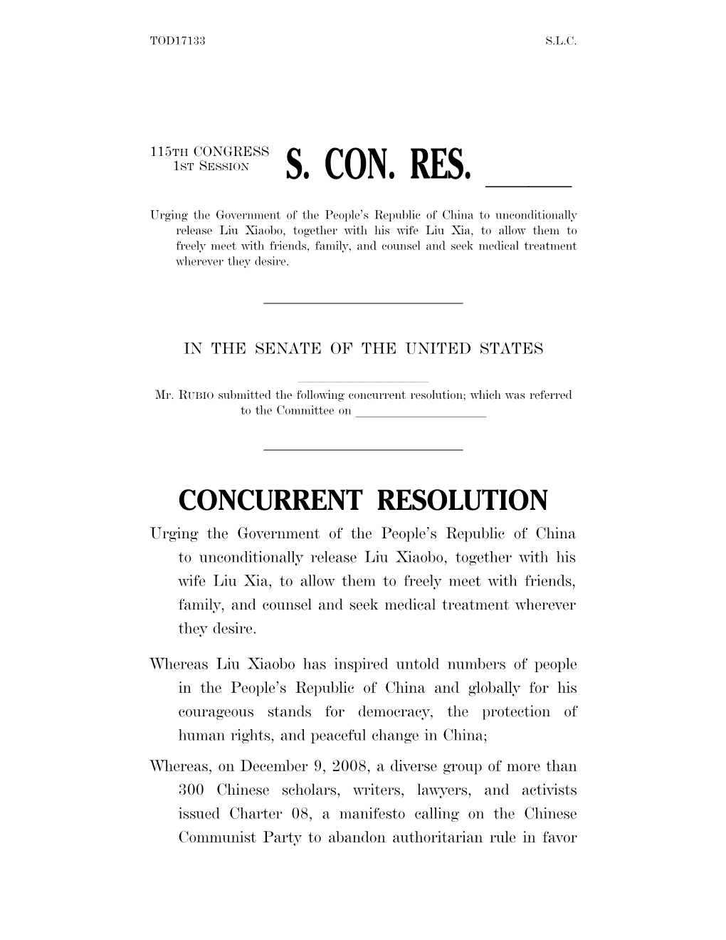 Introduced a Senate Concurrent Resolution