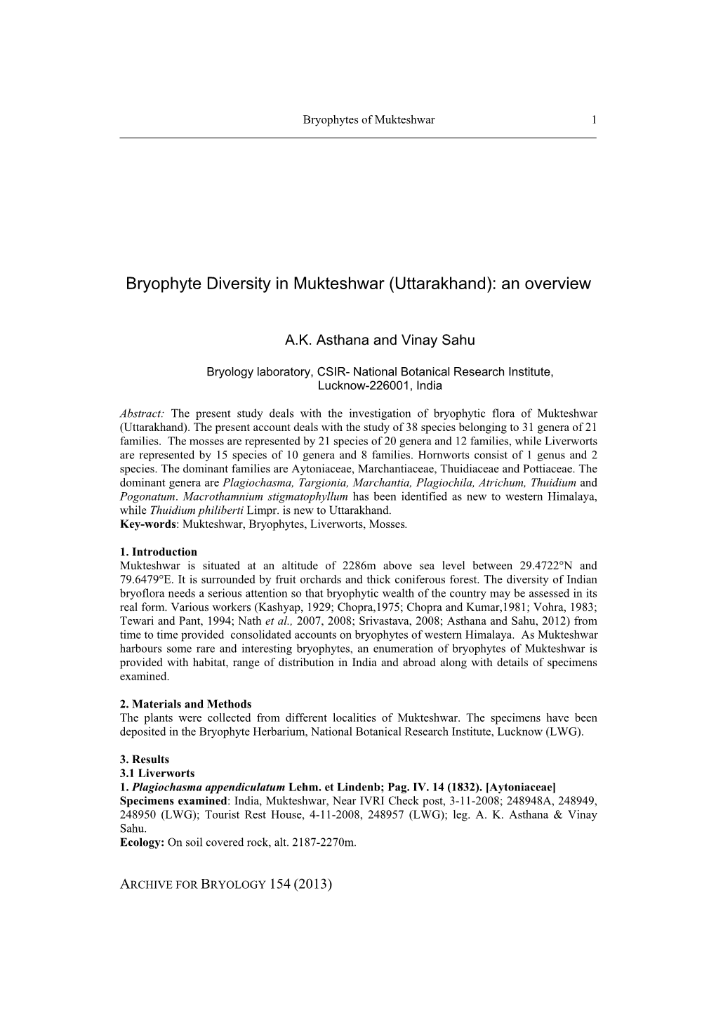 Bryophyte Diversity in Mukteshwar (Uttarakhand): an Overview