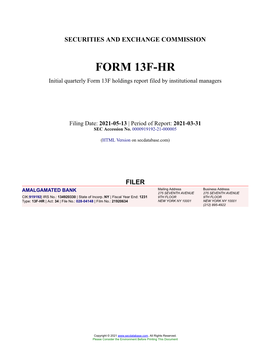 AMALGAMATED BANK Form 13F-HR Filed 2021-05-13