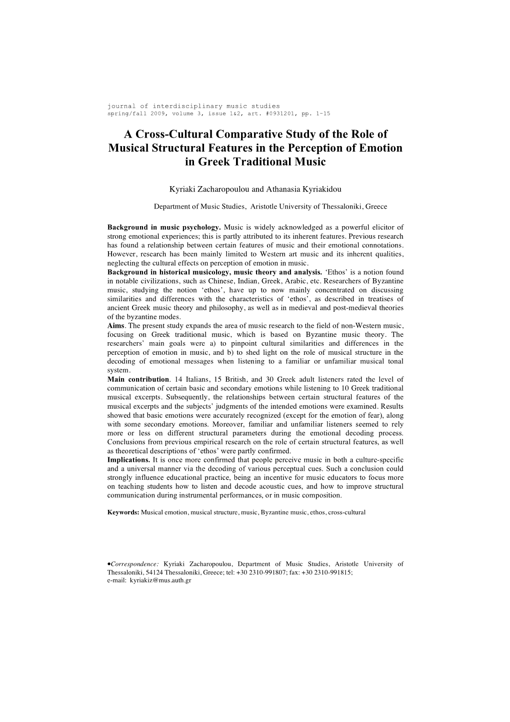 A Cross-Cultural Comparative Study of the Role of Musical Structural Features in the Perception of Emotion in Greek Traditional Music