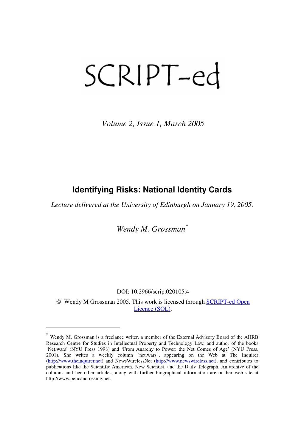 National Identity Cards Lecture Delivered at the University of Edinburgh on January 19, 2005