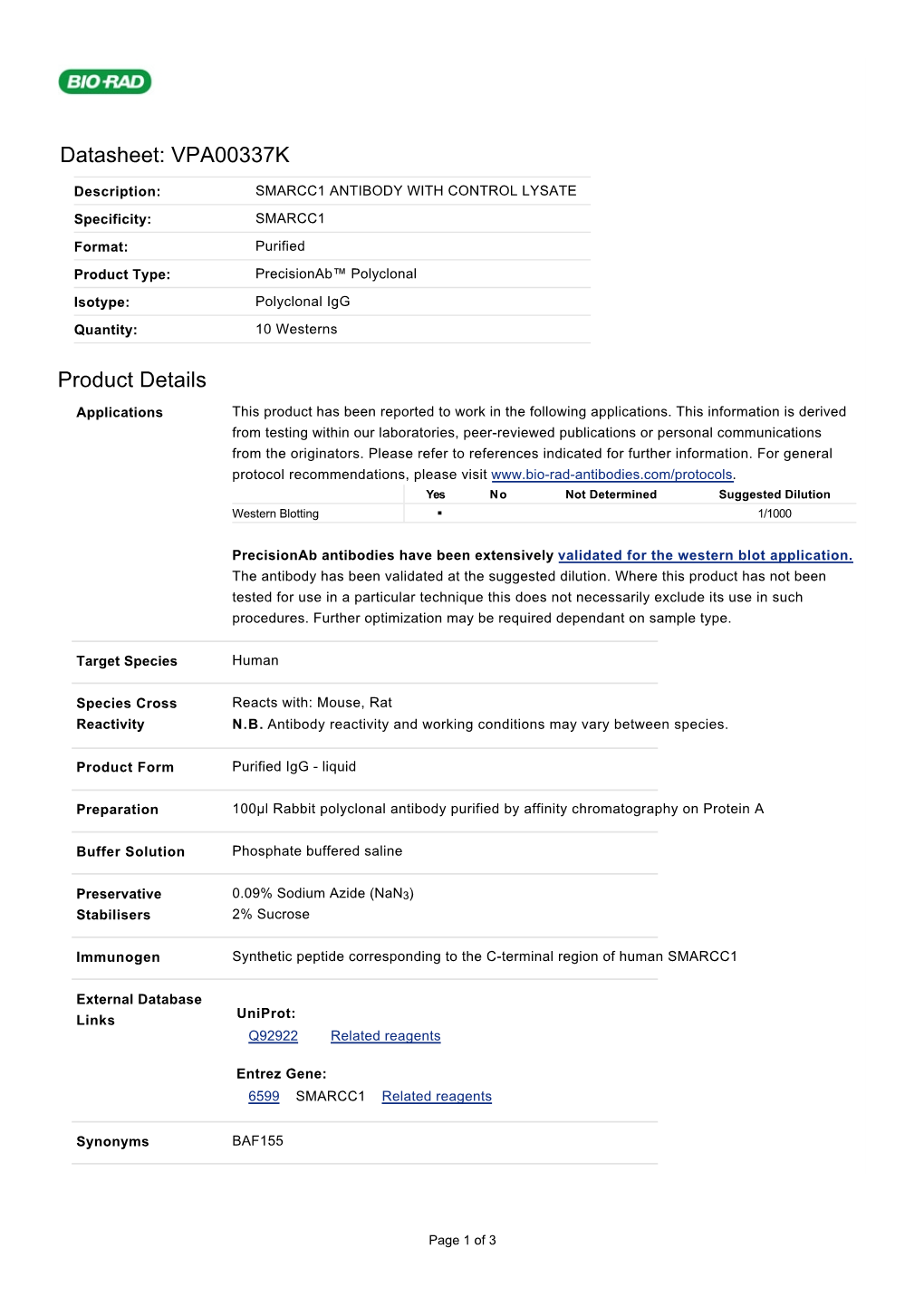 Datasheet: VPA00337K Product Details