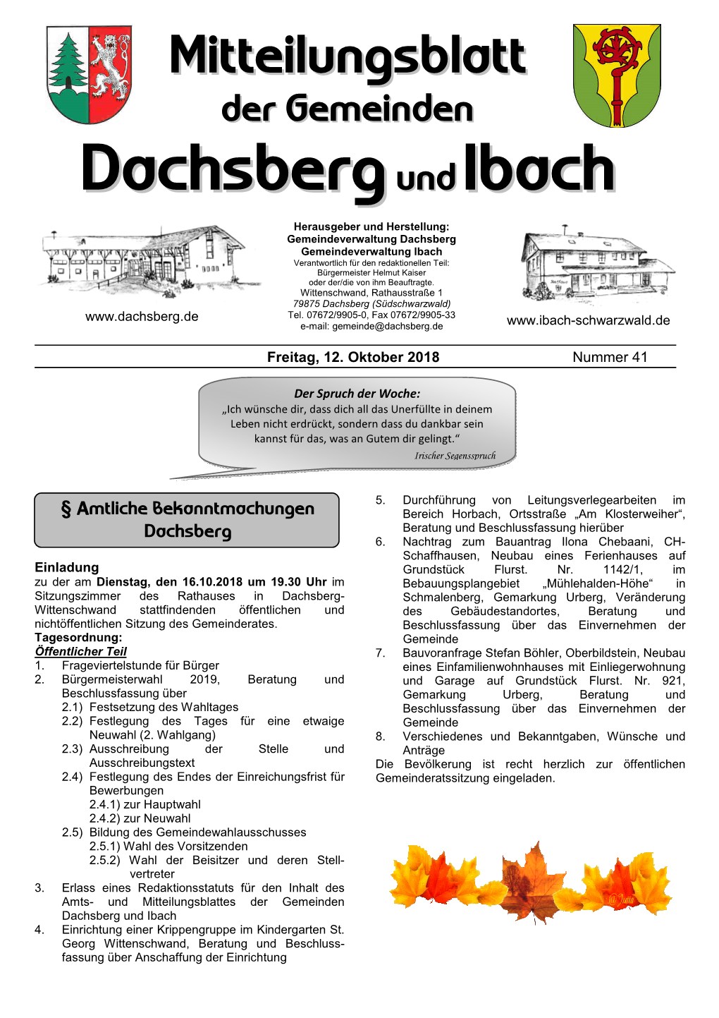 Mitteilungsblattes Der Gemeinden Dachsberg Und Ibach