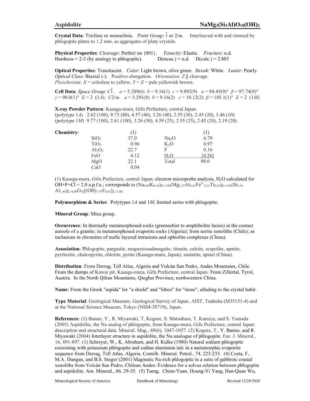 Aspidolite Namg3(Si3al)O10(OH)2 - Crystal Data: Triclinic Or Monoclinic