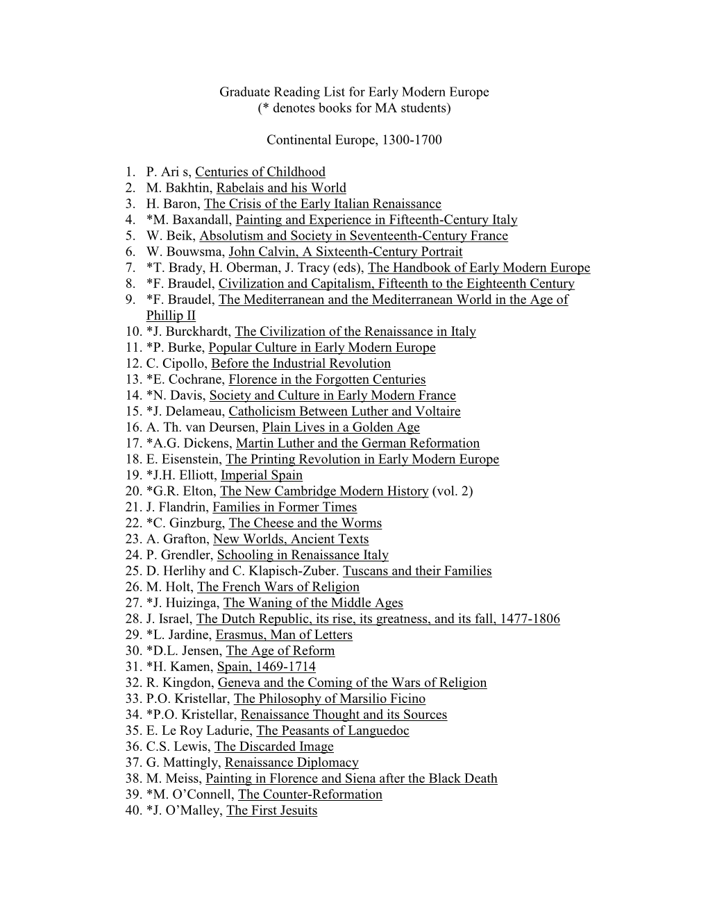 Graduate Reading List for Early Modern Europe (* Denotes Books for MA Students)