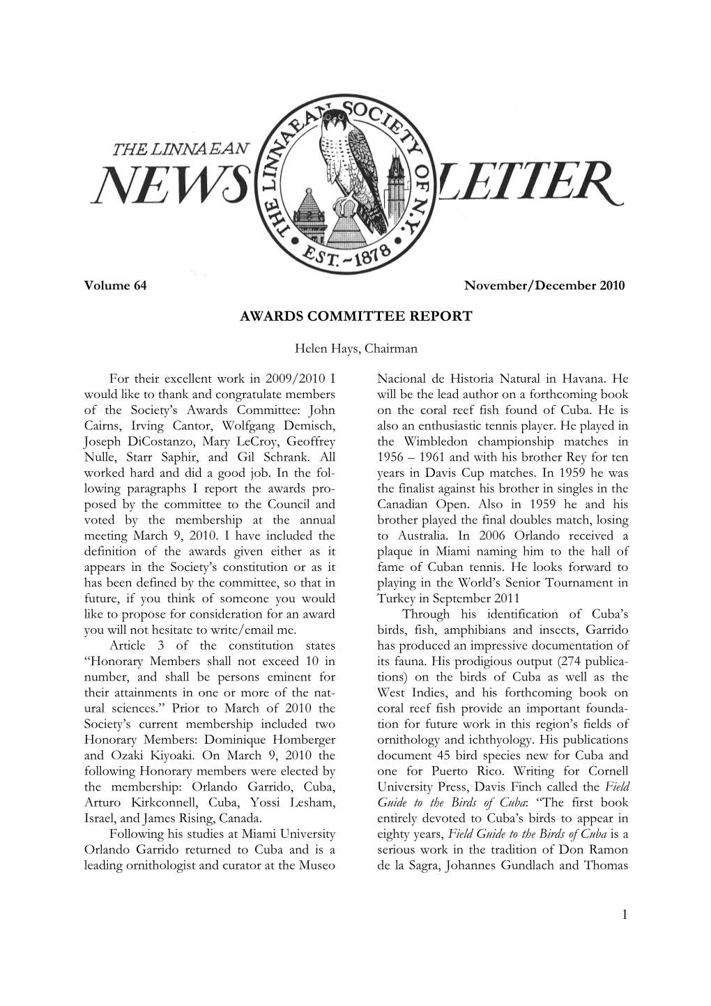 11/2010 – 12/2011 LSNY News-Letter Volume 64, No. 5