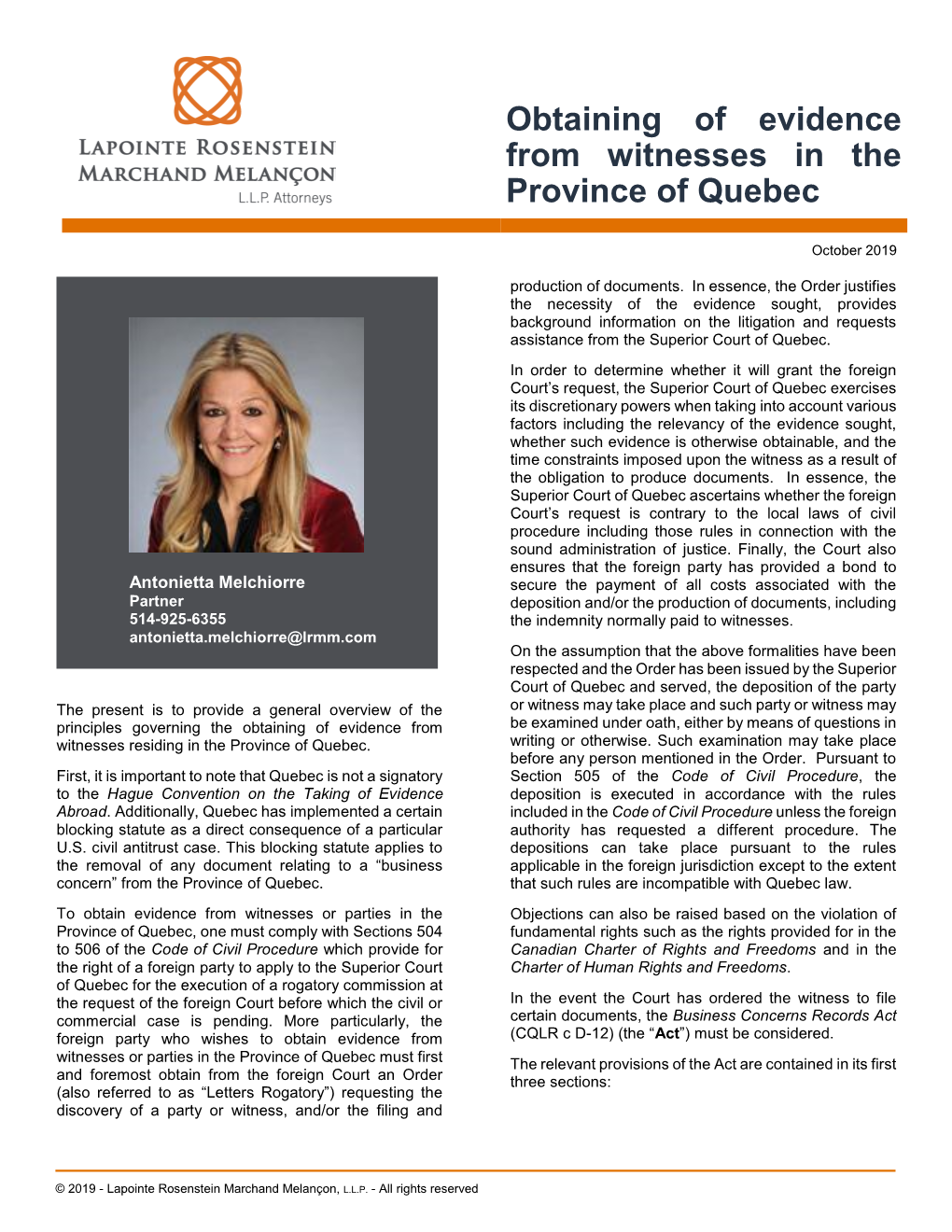 Obtaining of Evidence from Witnesses in the Province of Quebec