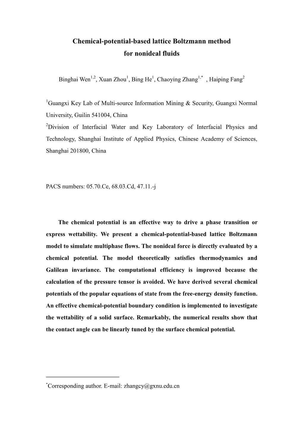 Chemical-Potential-Based Lattice Boltzmann Method for Nonideal Fluids