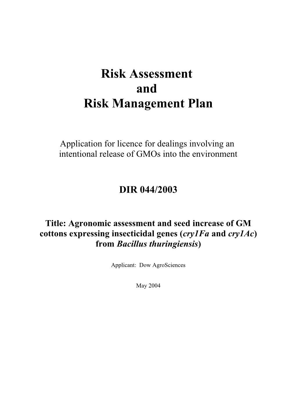 Risk Assessment and Risk Management Plan