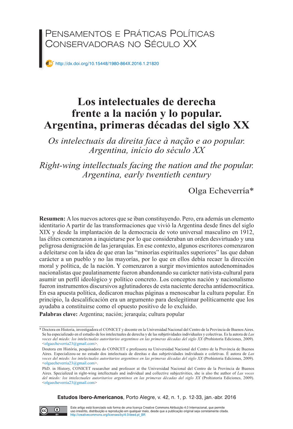 Los Intelectuales De Derecha Frente a La Nación Y Lo Popular. Argentina, Primeras Décadas Del Siglo XX Os Intelectuais Da Direita Face À Nação E Ao Popular