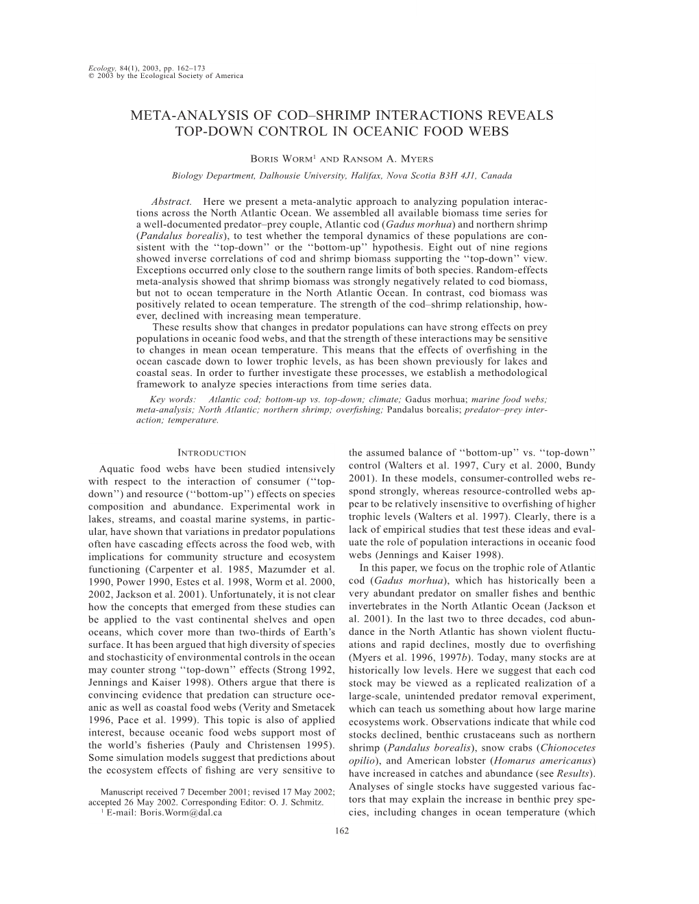 Meta-Analysis of Cod–Shrimp Interactions Reveals Top-Down Control in Oceanic Food Webs