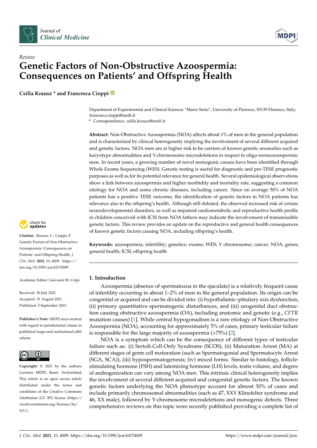 Genetic Factors of Non-Obstructive Azoospermia: Consequences on Patients’ and Offspring Health