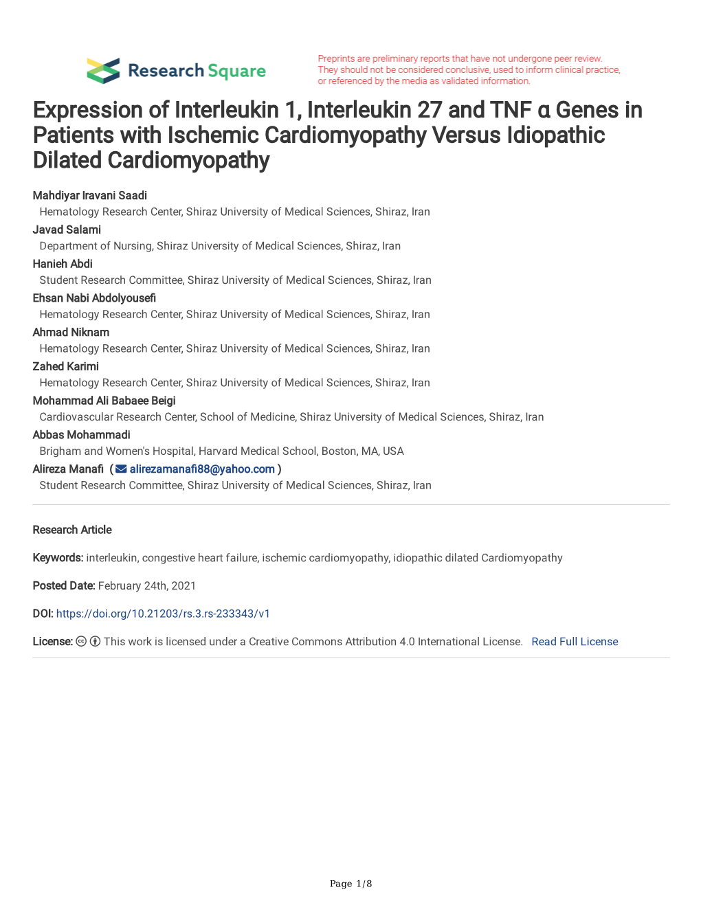 Expression of Interleukin 1, Interleukin 27 and TNF Α Genes in Patients with Ischemic Cardiomyopathy Versus Idiopathic Dilated Cardiomyopathy