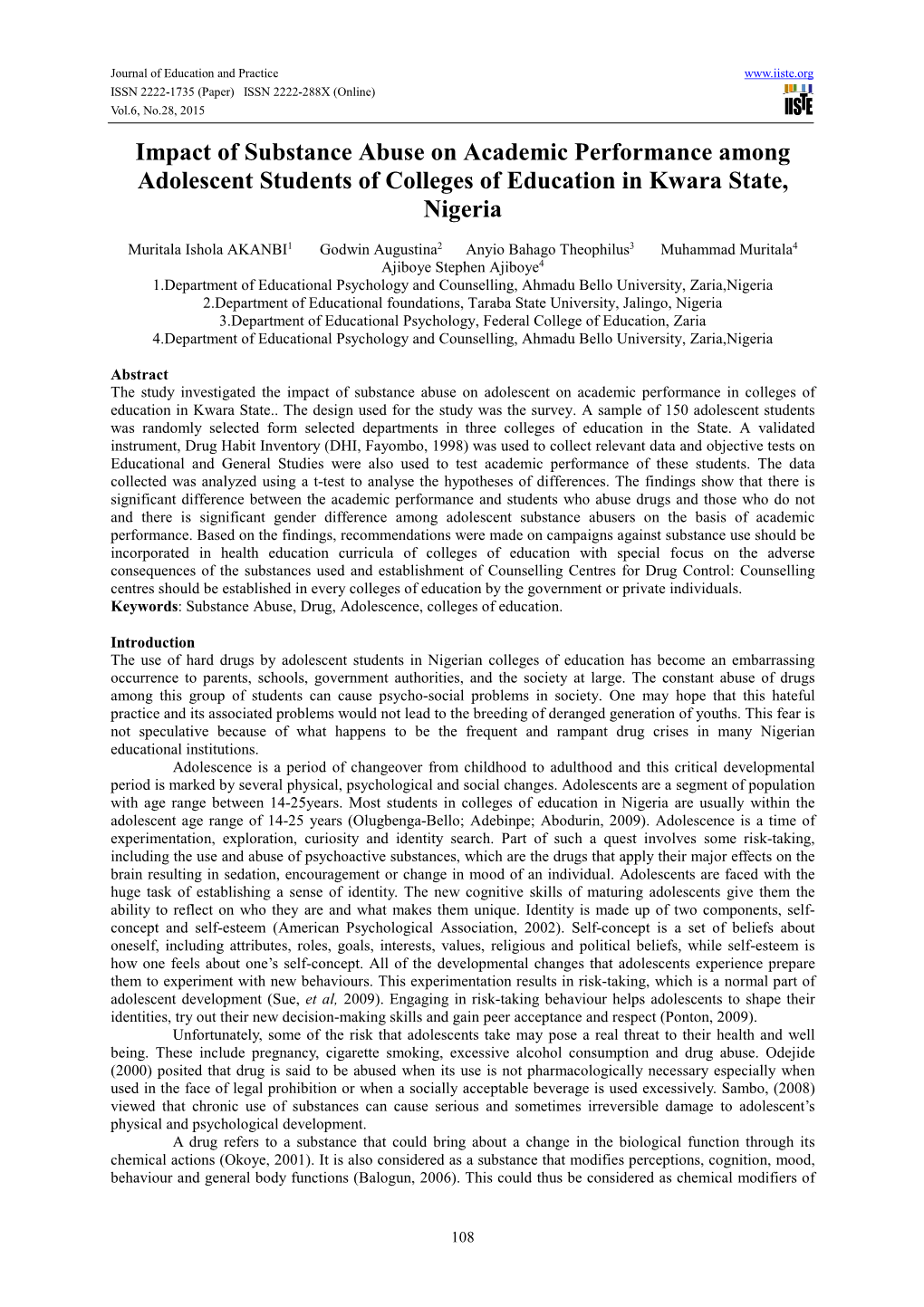 Impact of Substance Abuse on Academic Performance Among Adolescent Students of Colleges of Education in Kwara State, Nigeria