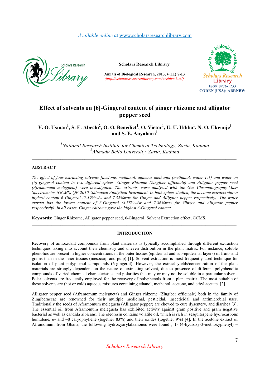 [6]-Gingerol Content of Ginger Rhizome and Alligator Pepper Seed