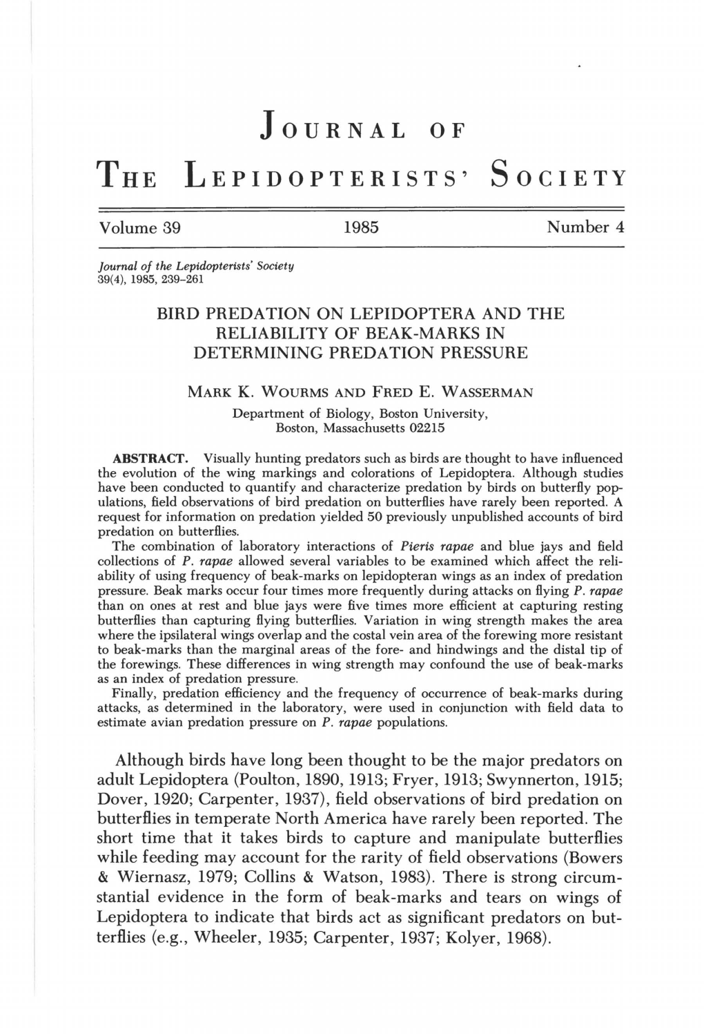 Bird Predation on Lepidoptera and the Reliability of Beak-Marks in Determining Predation Pressure