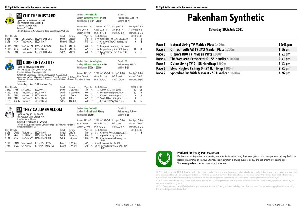 Pakenham Synthetic Printable Form Guide