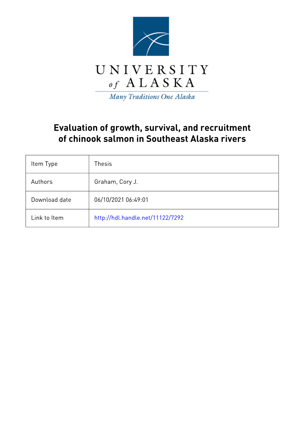 Evaluation of Growth, Survival, and Recruitment of Chinook Salmon in Southeast Alaska Rivers