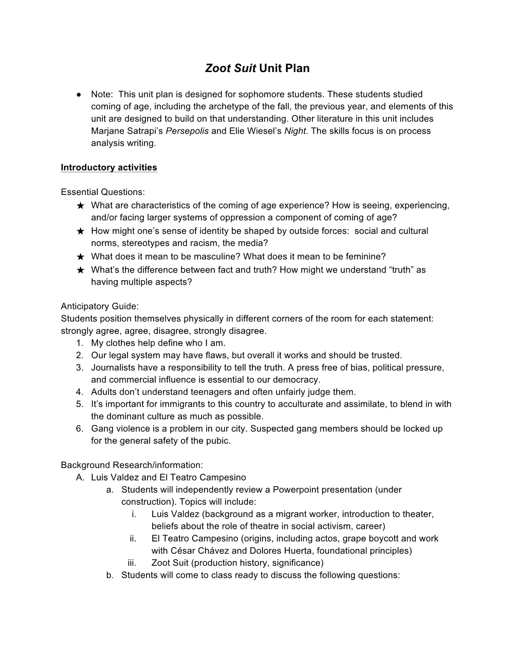 Zoot Suit Unit Plan