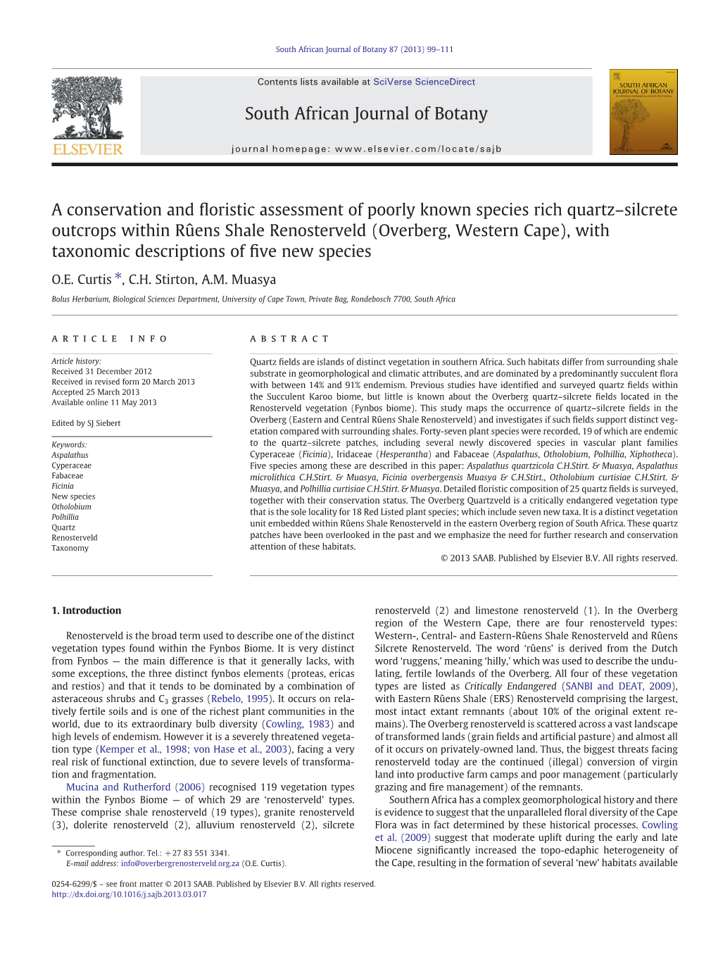 A Conservation and Floristic Assessment of Poorly Known Species Rich Quartz–Silcrete Outcrops Within Rûens Shale Renosterveld