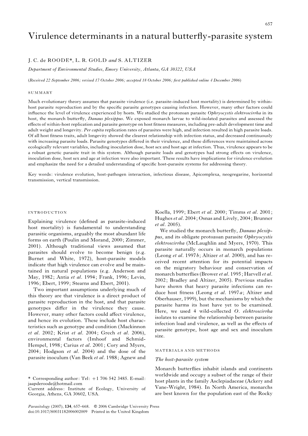 Virulence Determinants in a Natural Butterfly-Parasite System