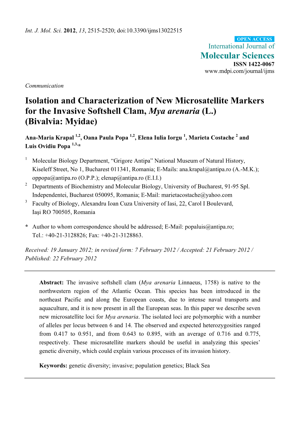 Isolation and Characterization of New Microsatellite Markers for the Invasive Softshell Clam, Mya Arenaria (L.) (Bivalvia: Myidae)