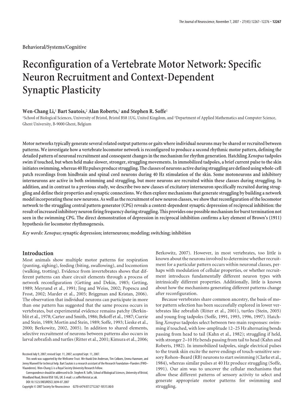 Reconfiguration of a Vertebrate Motor Network: Specific Neuron Recruitment and Context-Dependent Synaptic Plasticity