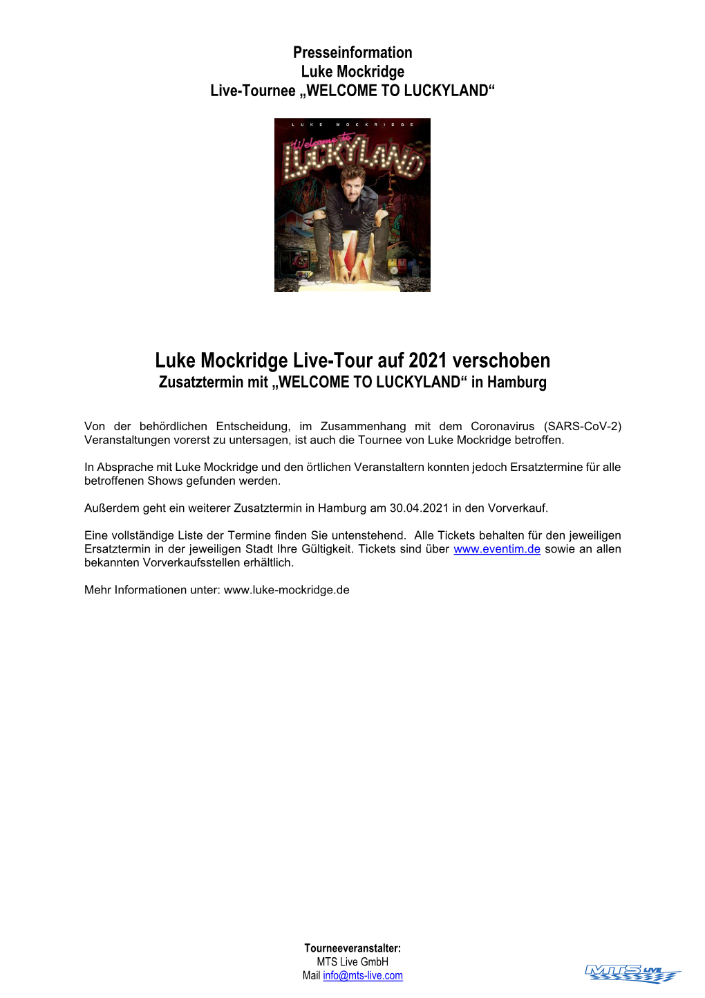 Luke Mockridge Live-Tour Auf 2021 Verschoben Zusatztermin Mit „WELCOME to LUCKYLAND“ in Hamburg