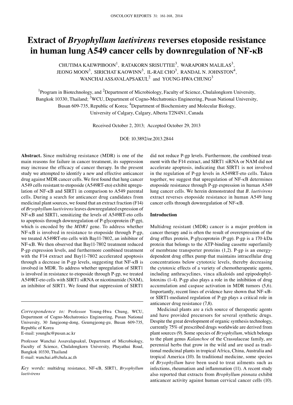 Extract of Bryophyllum Laetivirens Reverses Etoposide Resistance in Human Lung A549 Cancer Cells by Downregulation of NF-Κb