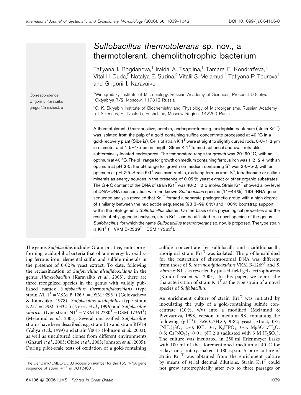 Sulfobacillus Thermotolerans Sp. Nov., a Thermotolerant, Chemolithotrophic Bacterium