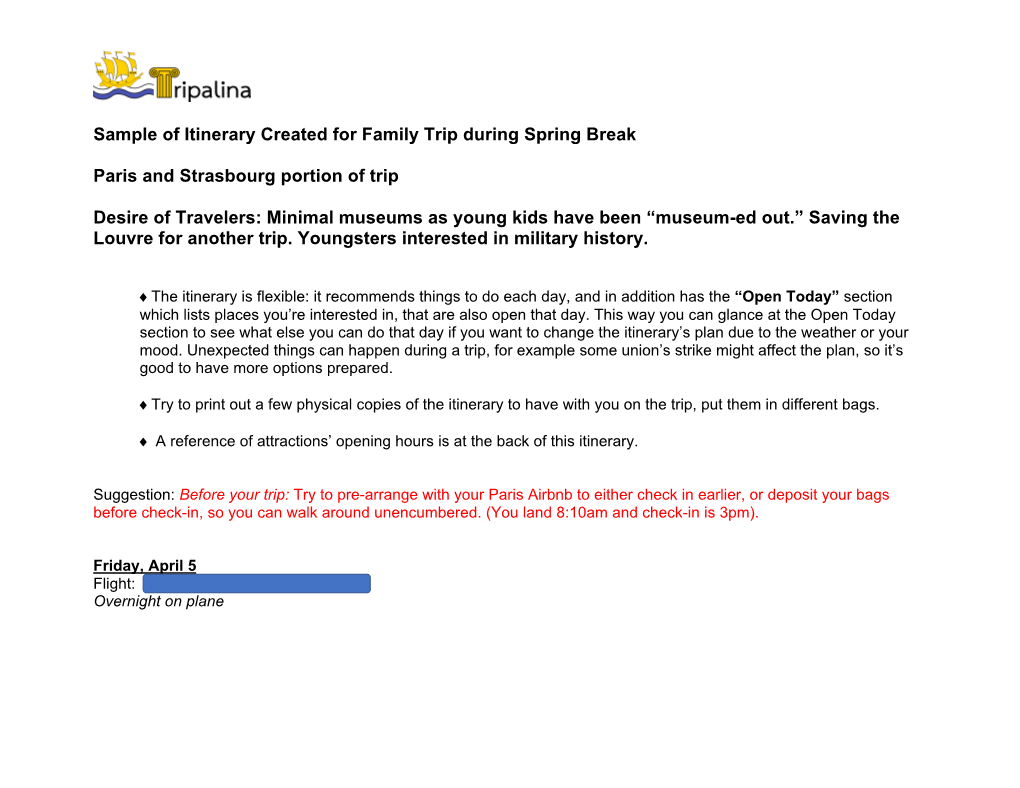 Sample of Itinerary Created for Family Trip During Spring Break Paris And