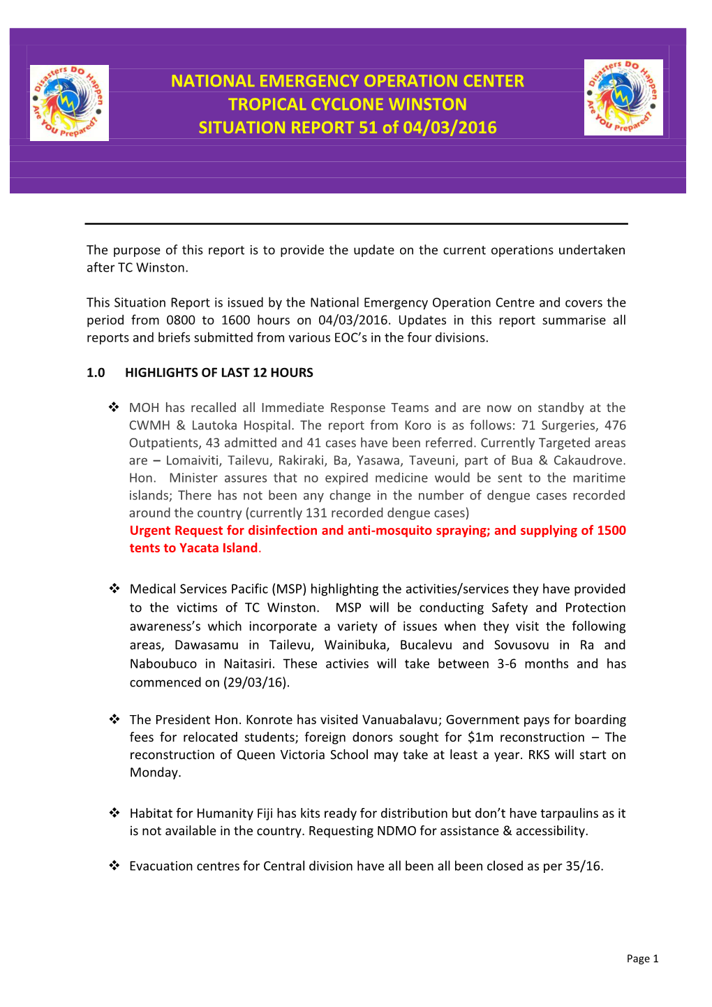 NATIONAL EMERGENCY OPERATION CENTER TROPICAL CYCLONE WINSTON SITUATION REPORT 51 of 04/03/2016