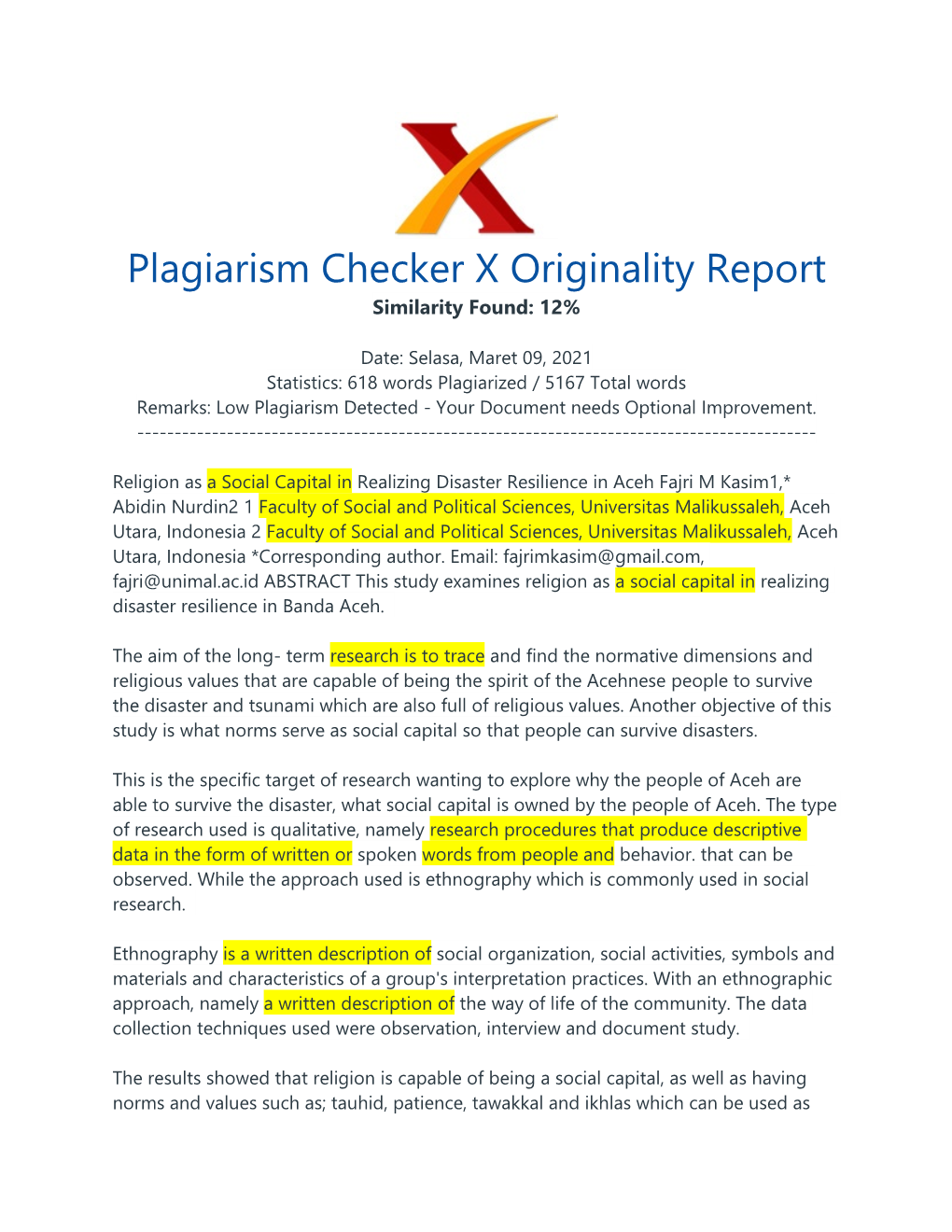 Plagiarism Checker X Originality Report Similarity Found: 12%