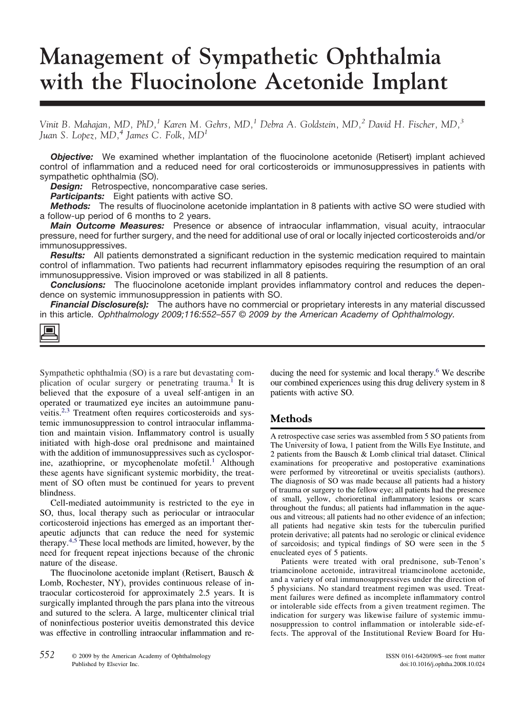 Management of Sympathetic Ophthalmia with the Fluocinolone Acetonide Implant