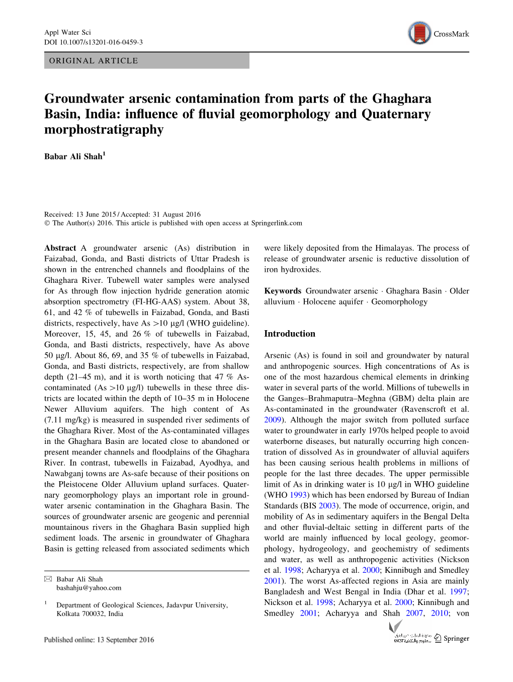 Groundwater Arsenic Contamination from Parts of the Ghaghara Basin, India: Inﬂuence of ﬂuvial Geomorphology and Quaternary Morphostratigraphy