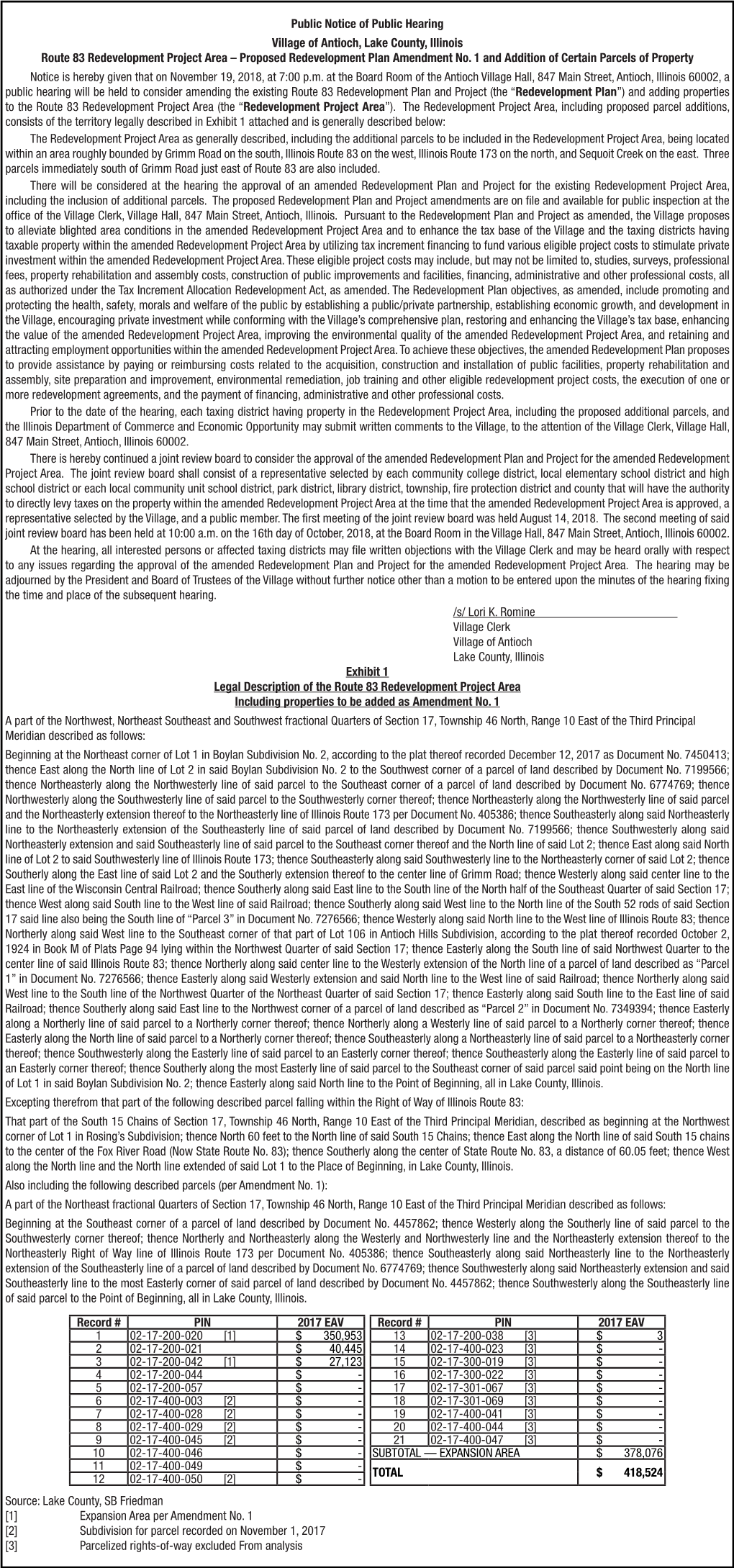 Public Notice of Public Hearing Village of Antioch, Lake County, Illinois Route 83 Redevelopment Project Area – Proposed Redevelopment Plan Amendment No