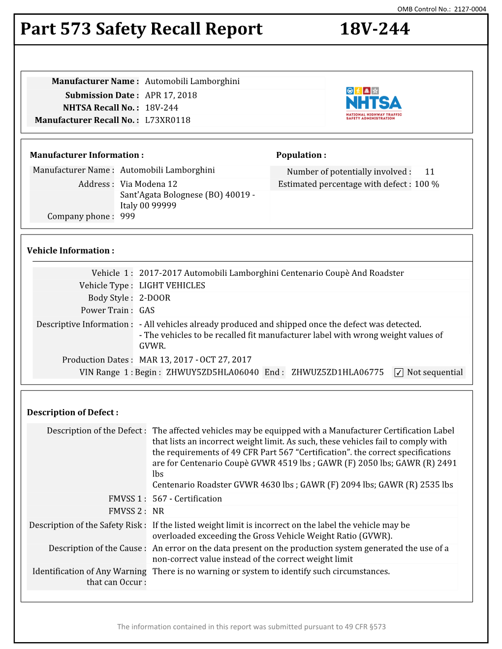 Part 573 Safety Recall Report 18V-244