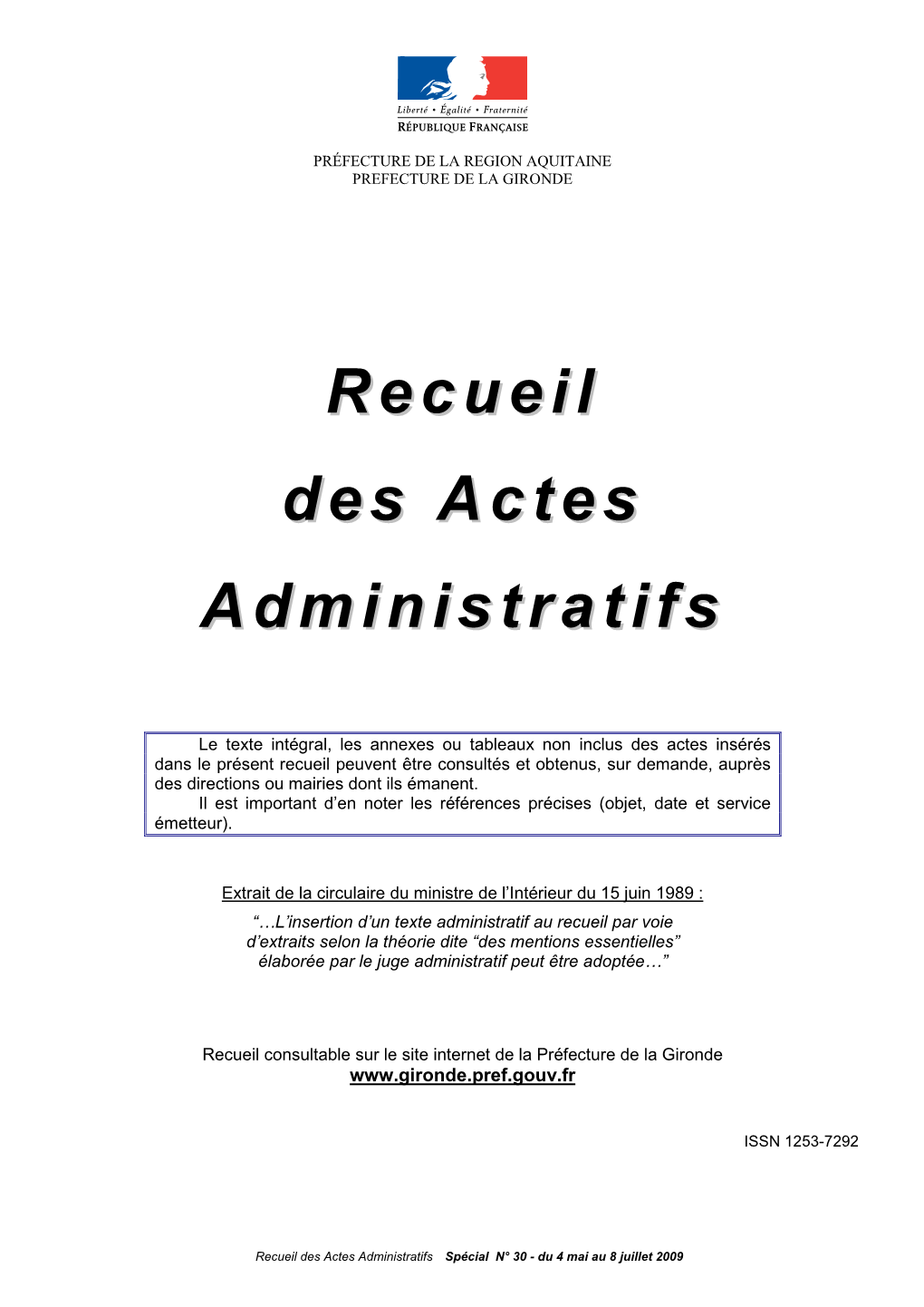 Recueil Des Actes Administratifs Spécial N° 30 - Du 4 Mai Au 8 Juillet 2009 Recueil Des Actes Administratifs