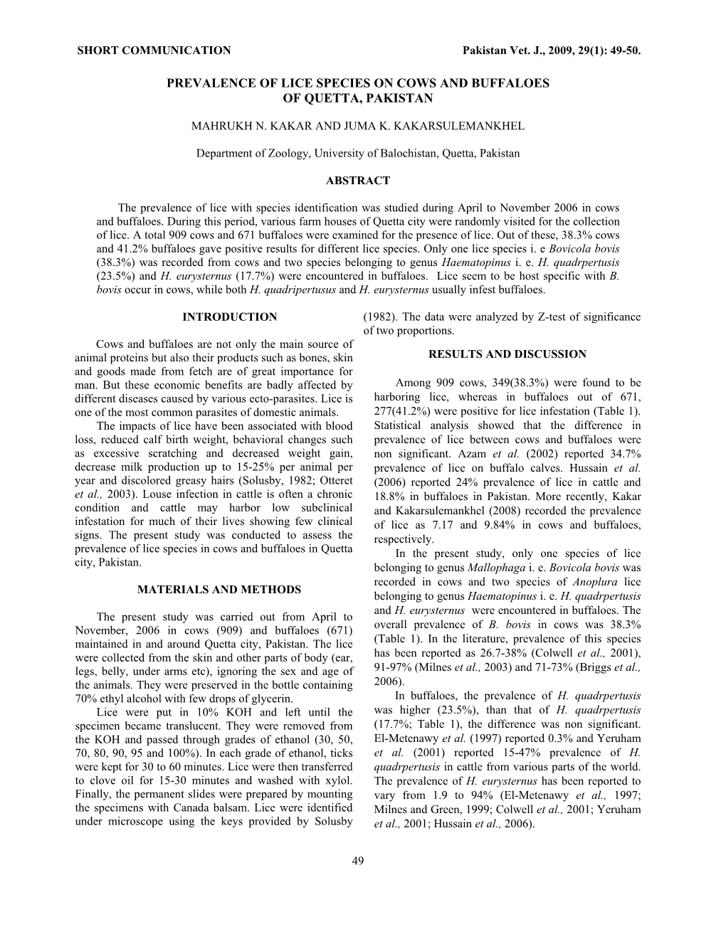 Prevalence of Lice Species on Cows and Buffaloes of Quetta, Pakistan