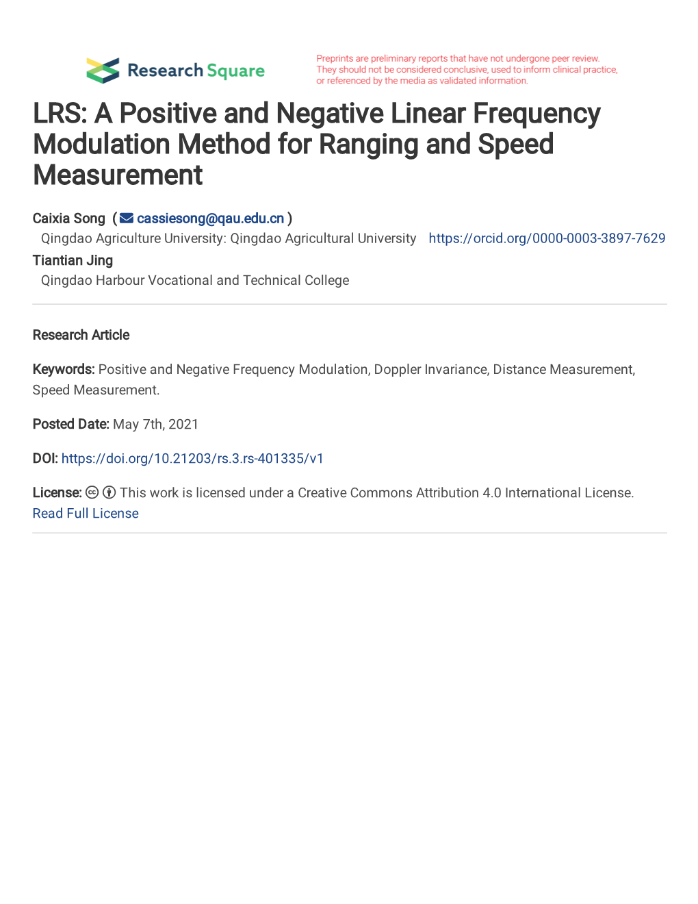 LRS: a Positive and Negative Linear Frequency Modulation Method for Ranging and Speed Measurement