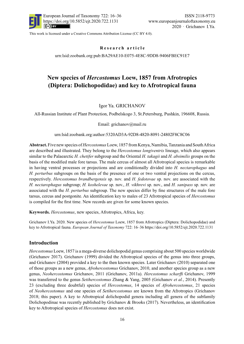 Diptera: Dolichopodidae) and Key to Afrotropical Fauna