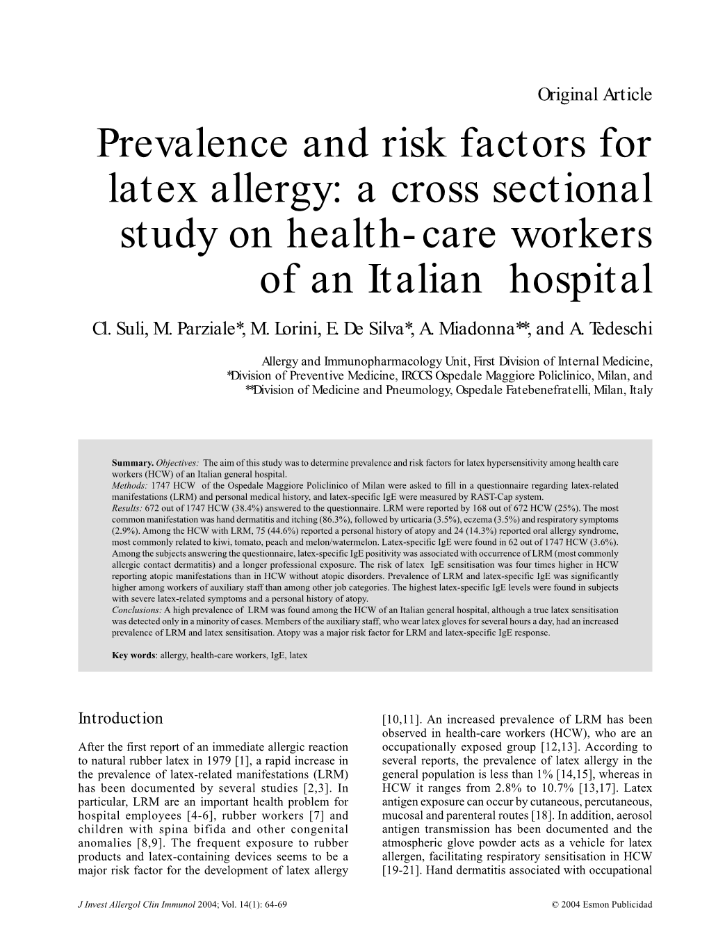 Prevalence and Risk Factors for Latex Allergy: a Cross Sectional Study on Health-Care Workers of an Italian Hospital Cl