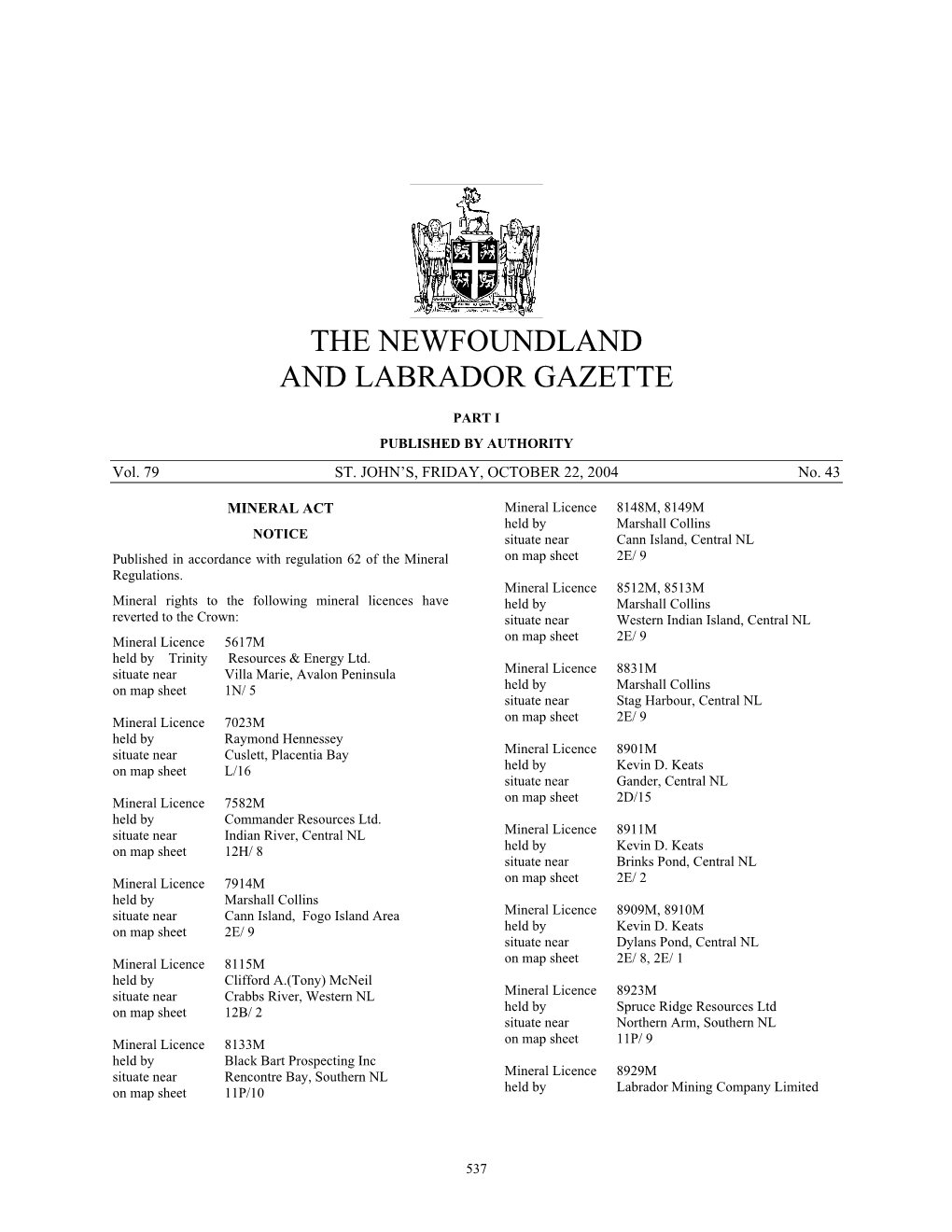 The Newfoundland and Labrador Gazette