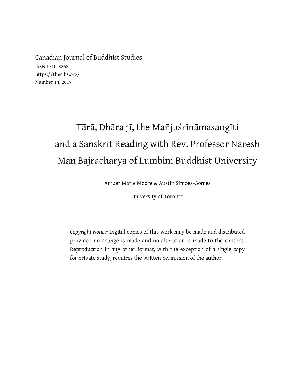 Tārā, Dhāraṇī, the Mañjuśrīnāmasangīti and a Sanskrit Reading with Rev