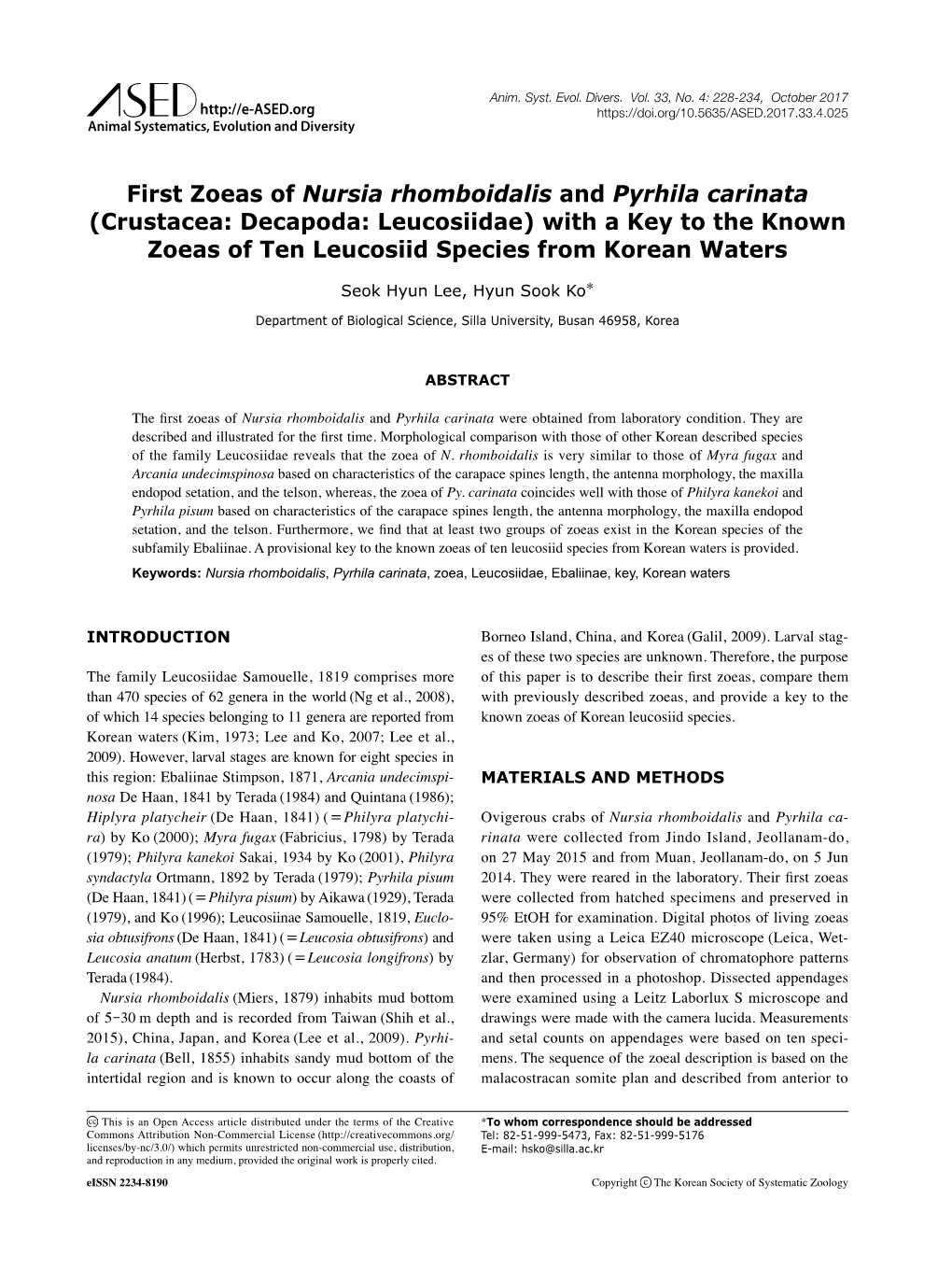 First Zoeas of Nursia Rhomboidalis and Pyrhila Carinata (Crustacea: Decapoda: Leucosiidae) with a Key to the Known Zoeas of Ten Leucosiid Species from Korean Waters