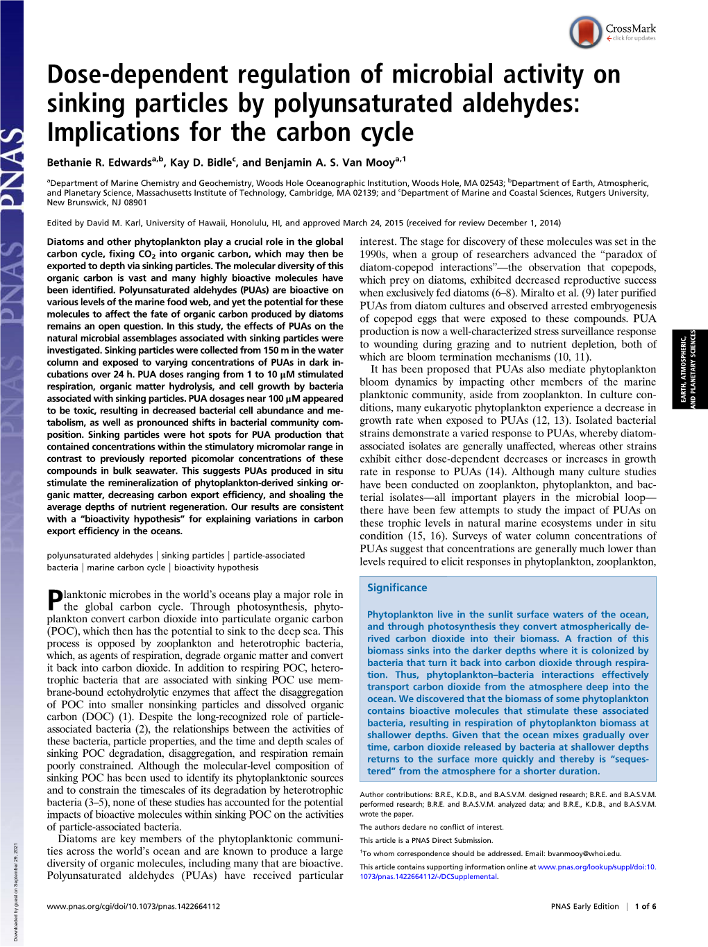 Dose-Dependent Regulation of Microbial Activity on Sinking Particles by Polyunsaturated Aldehydes: Implications for the Carbon Cycle